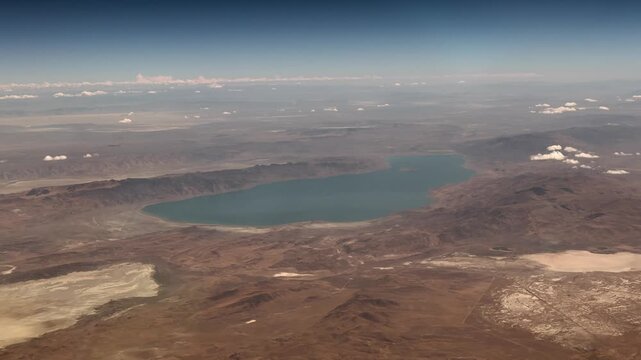 flying along Pyramid Lake, a saltwater lake in the geographic sink of the basin of the Truckee River, in Washoe County, northeast of Reno, Nevada USA - 4k aerial video footage 