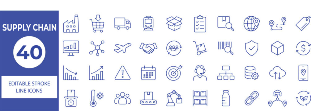 40 Supply Chain Vector Outline Icons Set,Logistics, Transportation, Warehouse, Inventory, Delivery and Distribution Line Symbols Collection