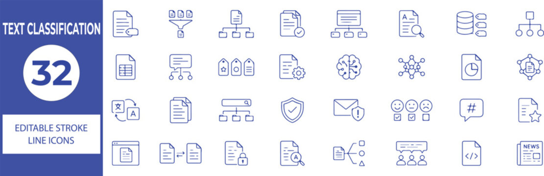 32 Text Classification Vector Outline Icons Set,NLP, Document Categorization, Sentiment Analysis, Data Processing and Machine Learning Line Symbols Collection