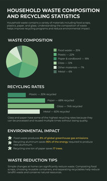 Household waste composition and recycling statistics infographic on dark background. Environmental impact charts and waste reduction tips for sustainability education and eco-friendly guides. Vector.