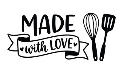 Custom vertical slats for kitchen with your photo Hand lettered quote made with love illustration with kitchen utensils