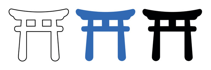 Fototapeta premium Three stylized Japanese torii gate icons in outline, blue solid, and black solid variations on a clean white background