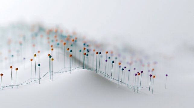 Colorful pins on a white surface with connecting lines representing data visualization concept.