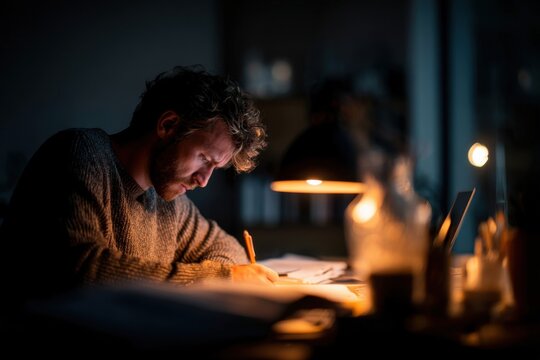 Student working late beneath a desk lamp, surrounded by notes and books while maintaining steady concentration