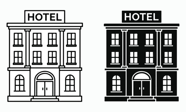 Two monochrome illustrations of classic hotel buildings with symmetrical architectural details