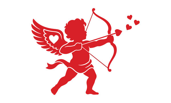 Vintage style illustration of a red cupid aiming with a bow and arrow surrounded by hearts