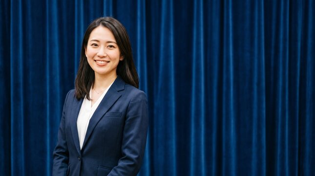 プロフィール写真をイメージした、重厚な緞帳を背にして立ち、穏やかな笑顔をカメラに向けている知的な印象の20代日本人女性社員のバストアップポートレート