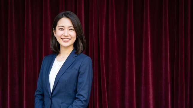 プロフィール写真をイメージした、重厚な緞帳を背にして立ち、穏やかな笑顔をカメラに向けている知的な印象の20代日本人女性社員のバストアップポートレート