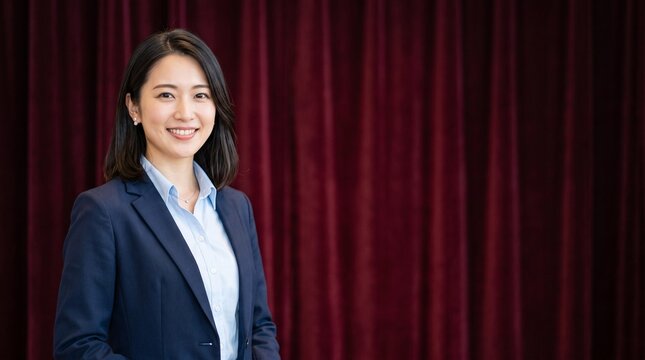 プロフィール写真をイメージした、重厚な緞帳を背にして立ち、穏やかな笑顔をカメラに向けている知的な印象の20代日本人女性社員のバストアップポートレート