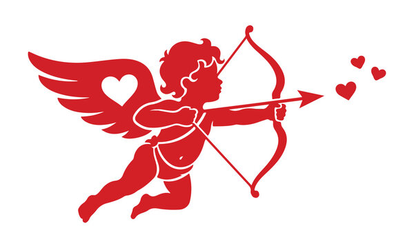 Vintage style illustration of a red cupid shooting a heart shaped arrow