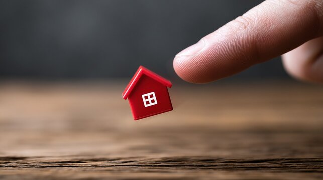 Human finger hovering over miniature red toy house on wooden surface representing real estate investment or property selection