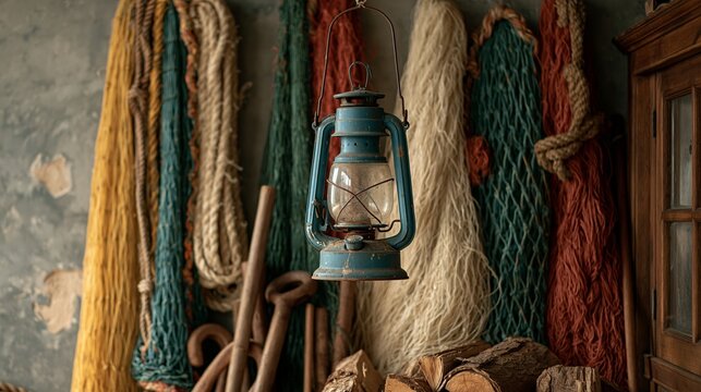 Old blue lantern hanging in a rustic fishing shed, surrounded by colorful nets and ropes, showing maritime heritage