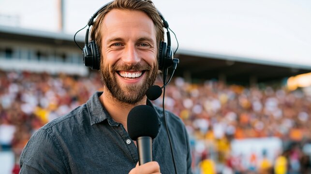 Smiling sports commentator broadcasting live, wearing headset and holding microphone at stadium