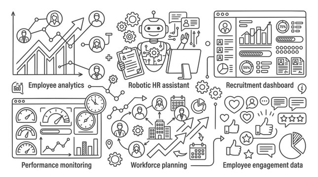 A comprehensive illustration showcases elements of employee analytics, robotic HR assistance, and recruitment dashboards.
