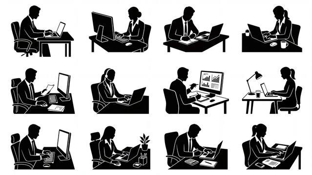 Set of diverse business people silhouettes working at desks with computers and laptops ideal for illustrating modern office productivity and remote work
