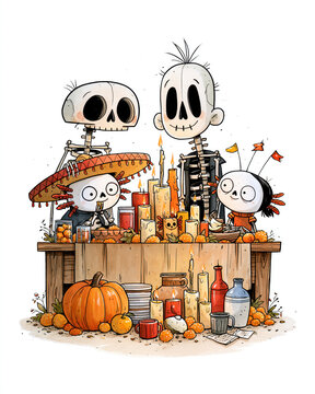 Playful skeleton family at Day of the Dead altar with candles and pumpkins