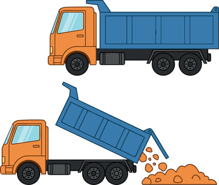 Orange tipper dump truck vector icon set showing side view driving mode and unloading sand cargo isolated on white background