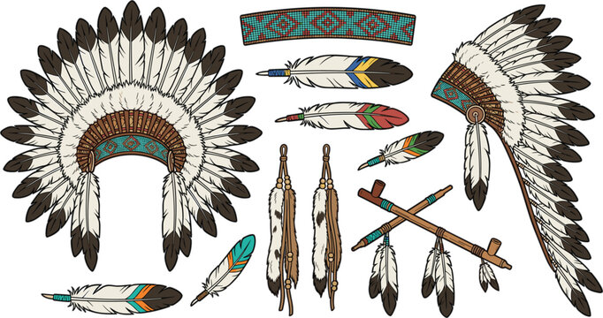 Native American Style Headdress Vector Illustration Set with Feathers Beaded Headband Peace Pipe and Tribal Ornaments for Bohemian Cultural Graphic Designs