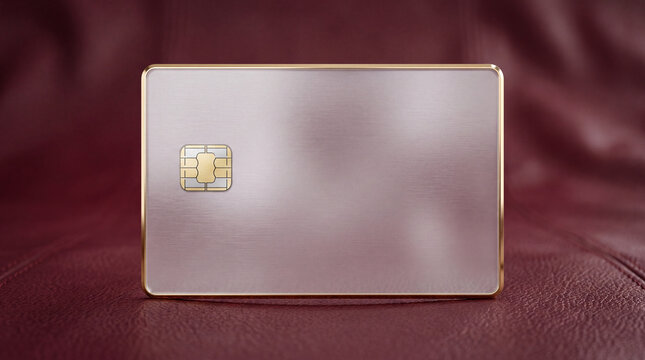 Grey credit card with gold-edged borders and a fine gold on an wine-colored leather background