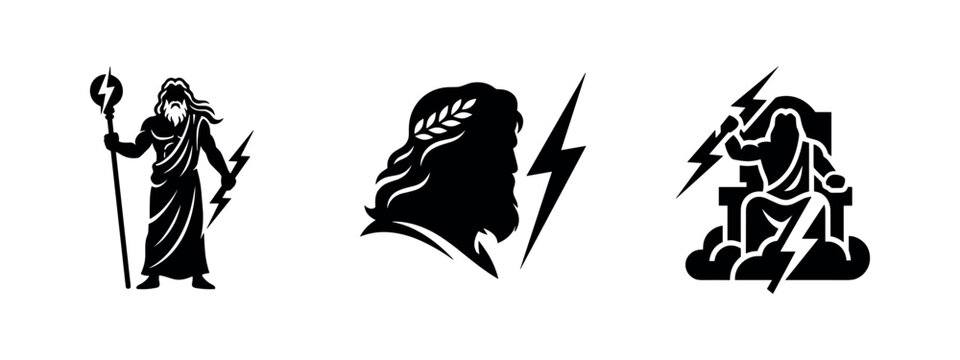 Zeus god icons with lightning bolts, depicting the supreme ruler of Mount Olympus in various poses.