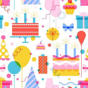 Birthday party vector seamless pattern. Background with cakes, gift boxes, balloons for wrapping paper or fabric print
