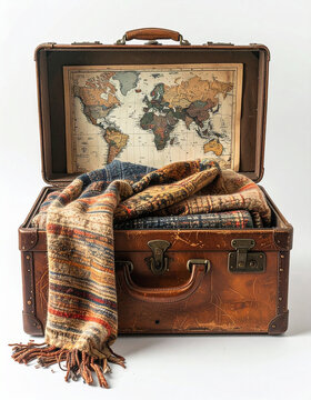 Vintage suitcase with plaid blanket and old map travel adventure concept