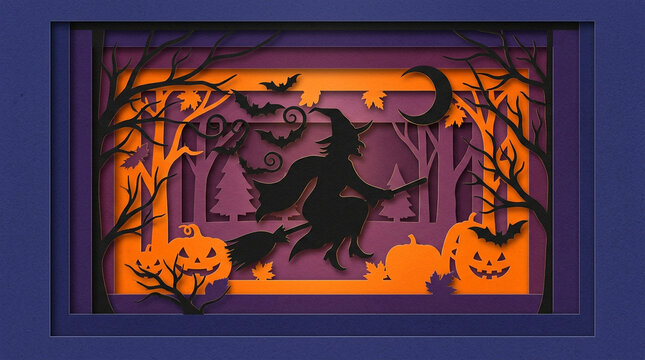 Halloween paper cut art with flying witch silhouette, spooky forest with pumpkins and bats, purple and orange papercraft scene