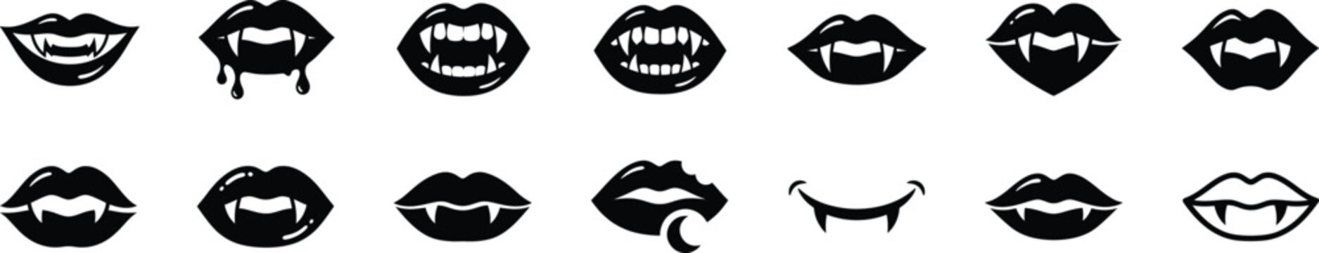 Collection of vampire fangs and lips icons, black and white vector art Vector