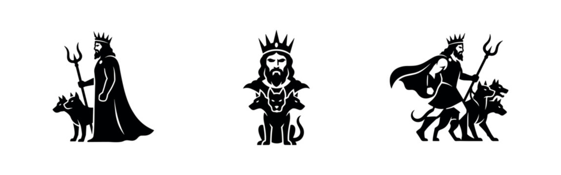 Greek God Hades with Cerberus and Trident Silhouette Icons Set