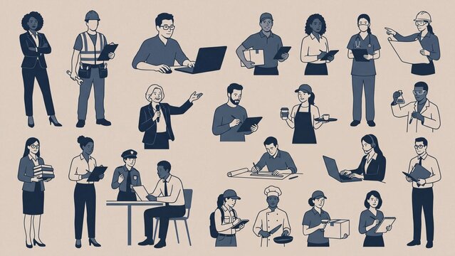 Diverse group of professional people in various occupations depicted in a modern flat design vector illustration representing employment and career conce