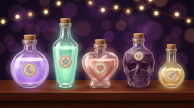 Mystical magic potion bottles with glowing liquid, fantasy alchemy glass jars on wooden table, witch apothecary collection
