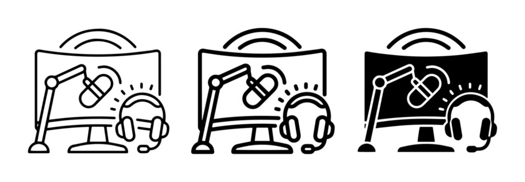 Podcast Studio Setup, Microphone, Computer Monitor, Headphones Icon Set