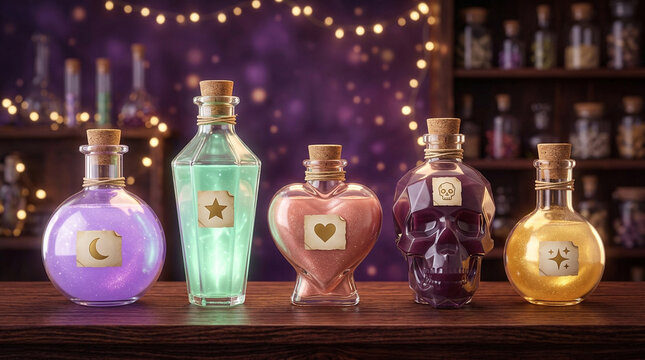 Mystical magic potion bottles, colorful glass elixir jars with corks, fantasy alchemy apothecary set on wooden shelf