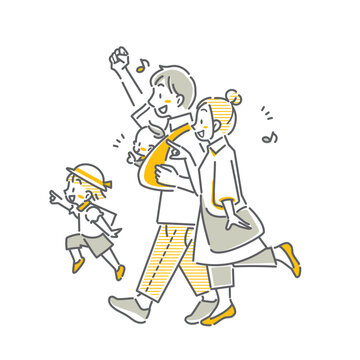 楽しくおでかけする若い家族　シンプルでかわいい線画イラスト