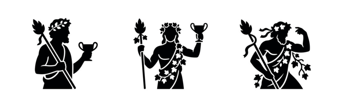 Dionysus Bacchus God of Wine and Revelry Vector Icons, Ancient Greek Mythology Celebration Silhouettes