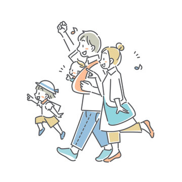 楽しくおでかけする若い家族　シンプルでかわいい線画イラスト