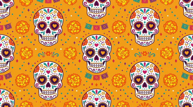 Mexican sugar skull pattern, Dia de los Muertos seamless background, colorful calavera skulls on orange backdrop