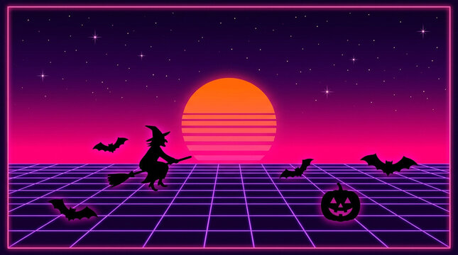 Retro synthwave Halloween landscape, witch flying on broomstick over neon grid, 80s aesthetic sunset with bats and pumpkin