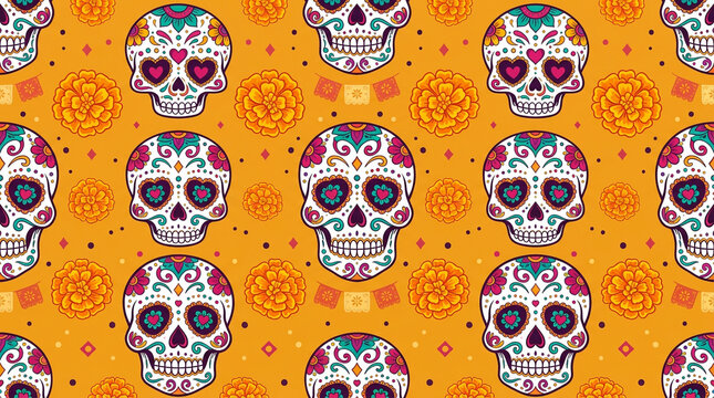Mexican sugar skull seamless pattern, colorful Day of the Dead calavera wallpaper, festive orange floral background for Dia de los Muertos