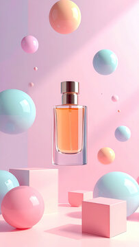 Elegant Perfume Bottle with Colorful Spheres and Geometric Shapes