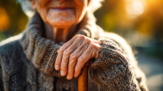 Close-up of an elderly woman's hand resting on a cane. She wears a textured sweater. The outdoor park is soft and warm with sunlight nearby