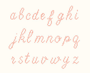 Complete cursive cross-stitch lowercase alphabet set from a to z isolated on white background. A red embroidery needlework cross stitch font with small letters for sampler patterns, textile design. © millering
