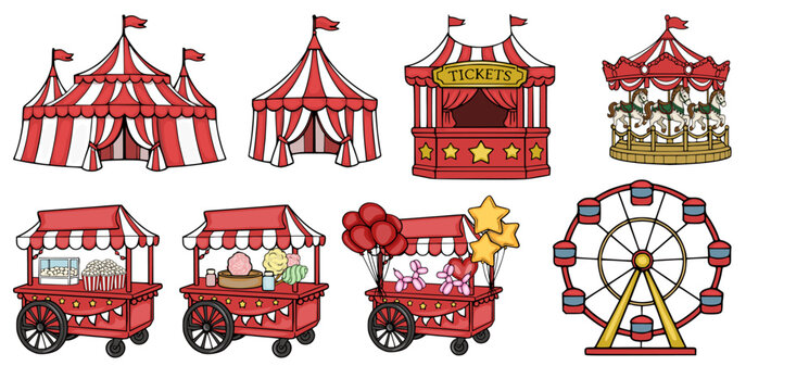 Circus vector set with carnival tents, ferris wheel, merry-go-round and food carts