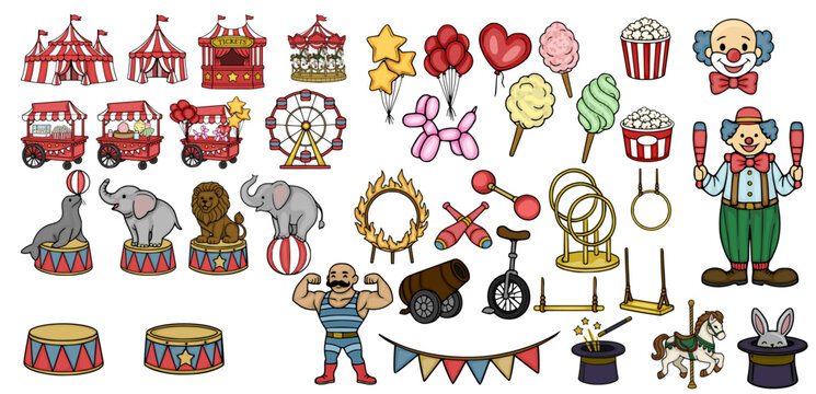 Circus vector set with cute carnival animals, clown, tent, and amusement park elements