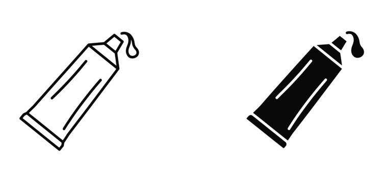 Toothpaste tube ointment squeeze outline and solid black vector icon set