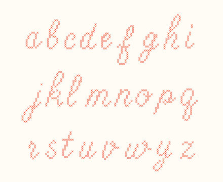 Complete cursive cross-stitch lowercase alphabet set from a to z isolated on white background. A red embroidery needlework cross stitch font with small letters for sampler patterns, textile design.