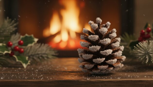 A single pine cone sitting on a wooden table in front of a warm glowing fireplace during the winter season