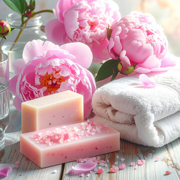 Relaxing Spa Scene with Pink Peonies and Soap Bars