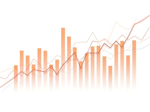 Upward trending financial graph with orange vertical bars and red line chart overlay on clean white backdrop.