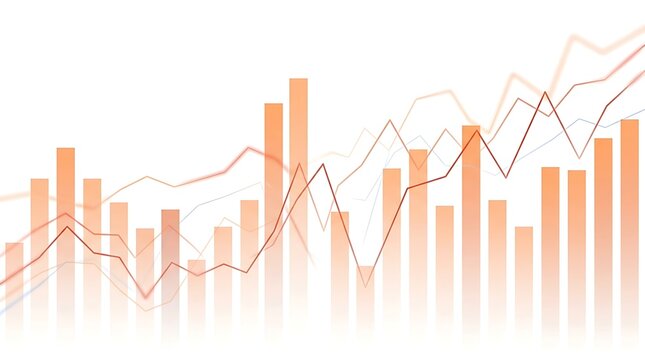 Corporate stock market trading chart featuring orange bar graph and upward trendlines for business presentation background.